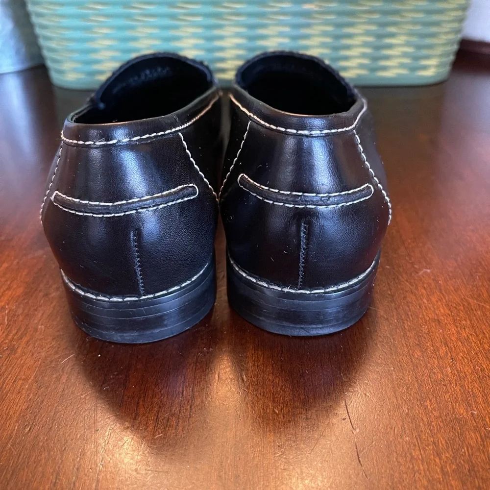 Franco Sarto Black Leather Loafers with White Stitching